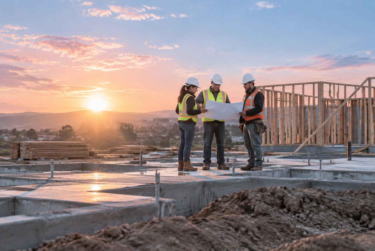 A building foundation and team reviewing construction plans