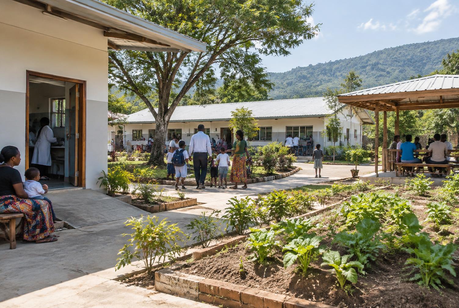 A community campus with gathering, care, and garden spaces